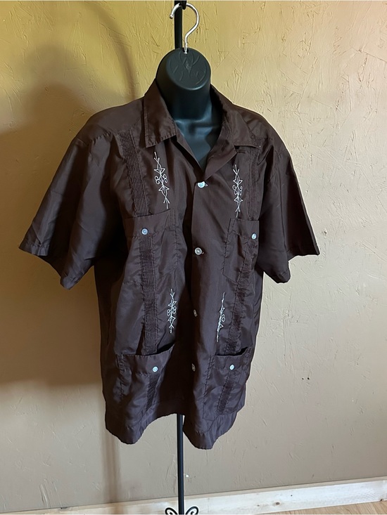 Maya Other - Maya Brown Short-Sleeve Embroidered Cuban Shirt Jacket